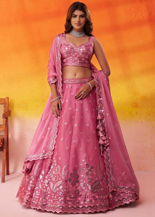 Pink Organza Lehenga Choli With Embroidered Border
