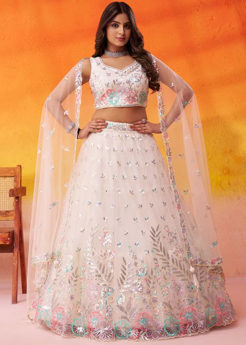 Cream Net Lehenga Choli With Thread Detailing