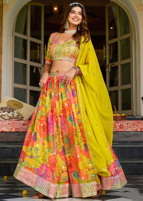 Yellow Printed Art Silk Lehenga Choli With Zari Detail