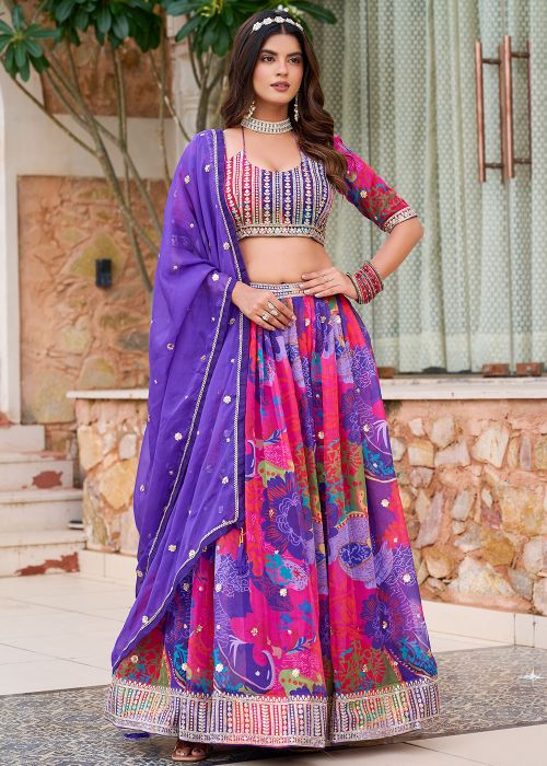 Purple Printed Art Silk Lehenga Choli With Sequins Work