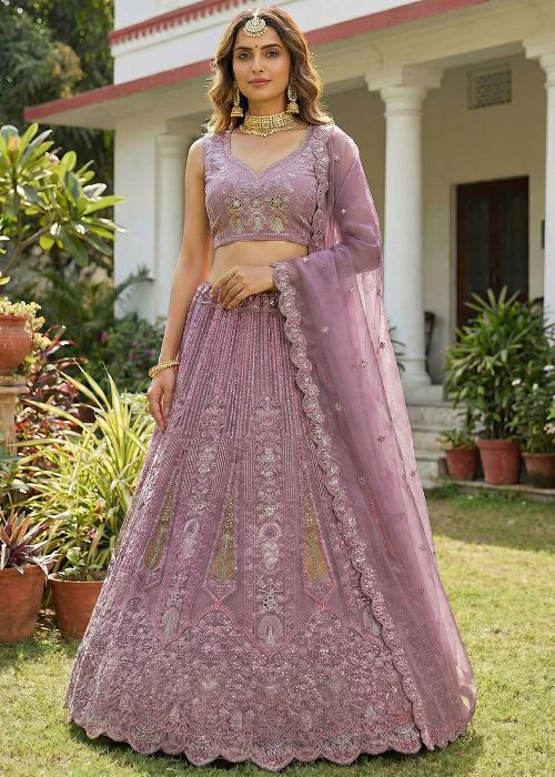 Lavender Net Lehenga Choli With Sequins Embroidery