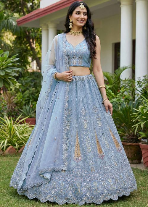 Sky Blue Net Lehenga Choli With Thread Work