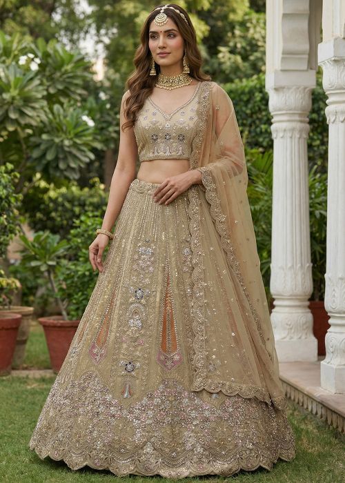 Golden Net Lehenga Choli With Heavy Sequin Work
