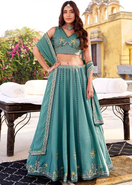 Blue Crepe Lehenga Choli With Palm Thread Embroidery