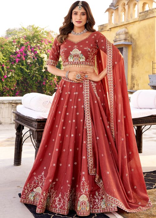 Rust Red Crepe Lehenga Choli With Floral Border
