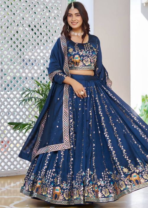 Navy Blue Art Silk Lehenga Choli With thread Embroidery