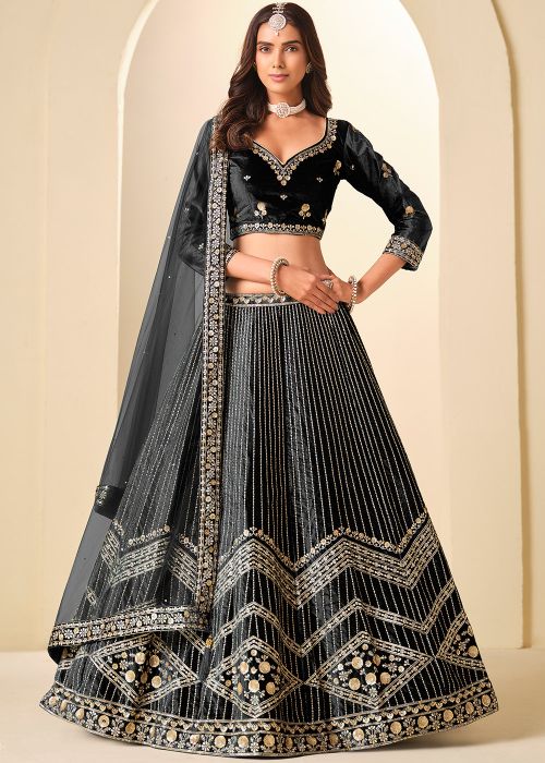 Black Velvet Lehenga Choli With Gold Zari Panels