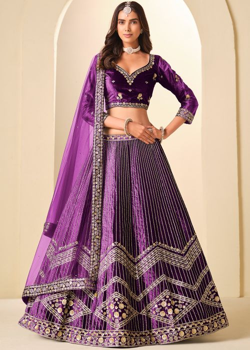 Purple Velvet Lehenga Choli With Chevron Zari Work