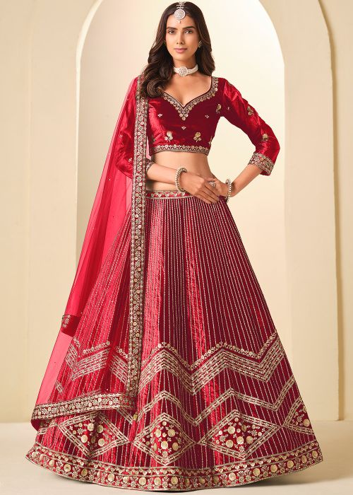 Red Velvet Lehenga Choli With Heavy Zari Embroidery