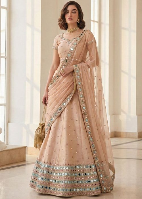 Peach Silk Lehenga With Mirror Border Detailing