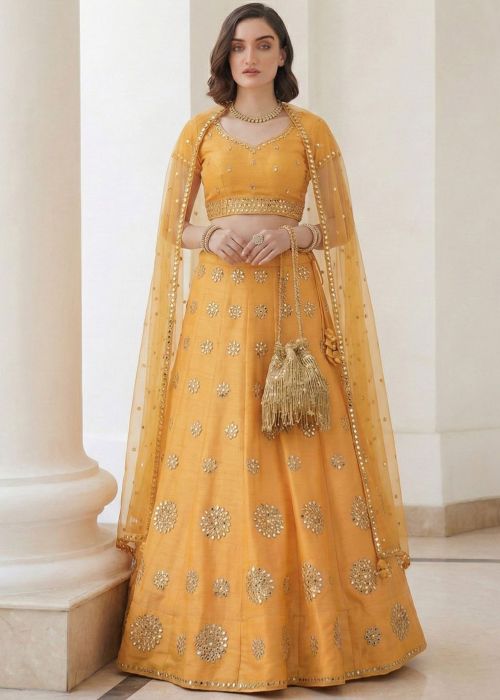 Mustard Yellow Silk Lehenga With Floral Mirror Motifs