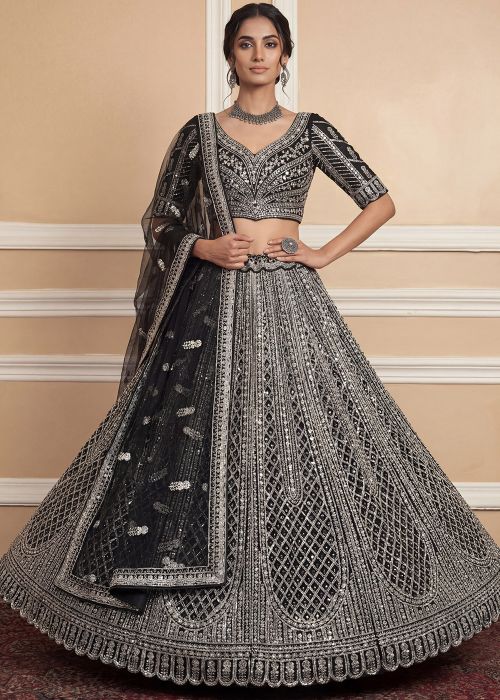 Black Net Lehenga Choli With Silver Sequins Work