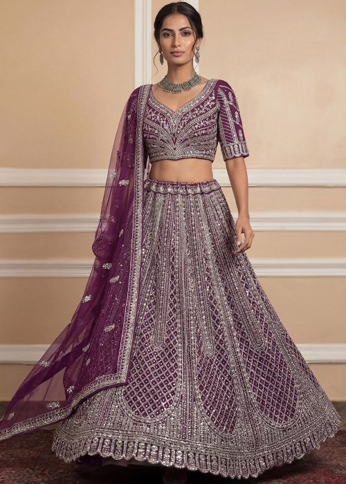 Purple Net Lehenga Choli With Intricate Dori Work