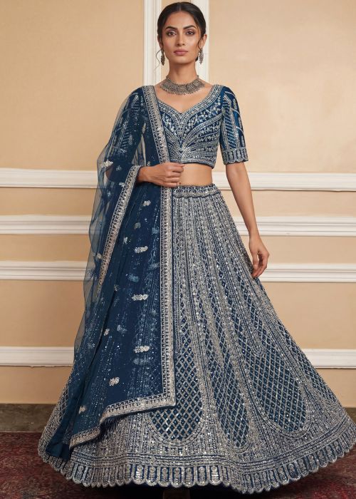 Navy Blue Net Lehenga Choli With Dori Details