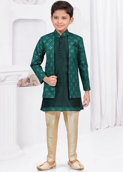 Green Readymade Kids Jacket Style Sherwani In Banarasi Silk