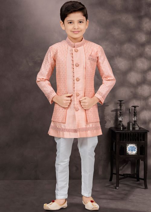 Peach Kids Readymade Jacket Style Sherwani In Embroidery