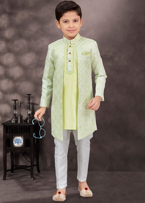 Pastel Green Kids Readymade Jacket Style Sherwani Set
