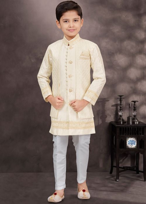 Cream Kids Readymade Jacket Style Kids Sherwani 