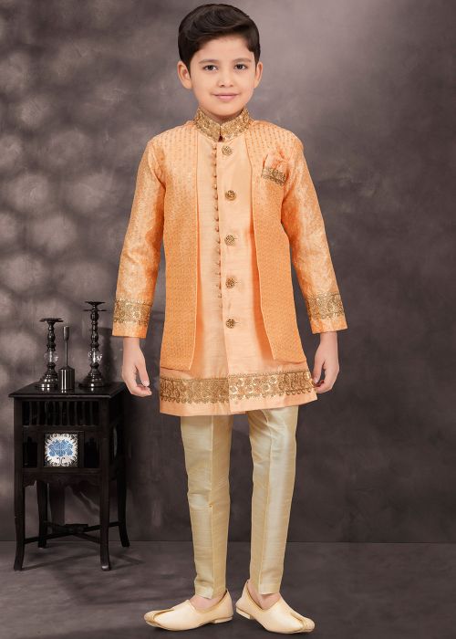 Orange Kids Readymade Sherwani In Jacket Style