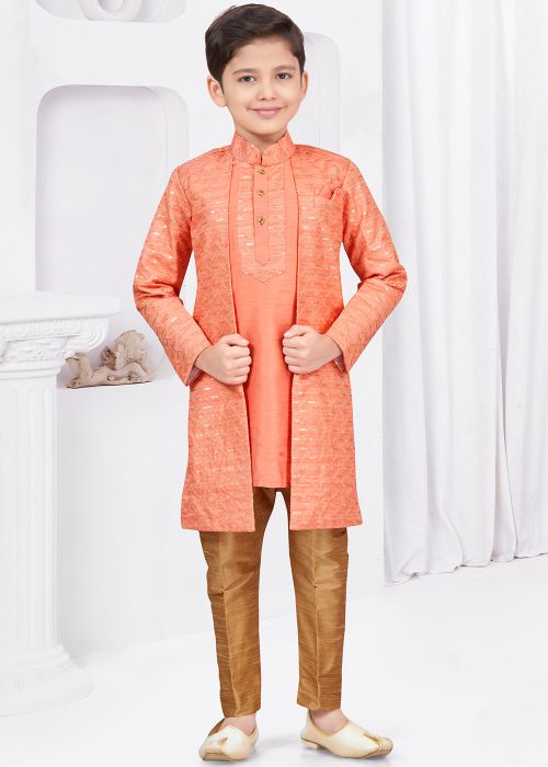 Peach Readymade Indowestern Sherwani In Banarasi Silk