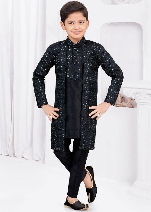 Black Kids Readymade Jacket Style Banarasi Sherwani 