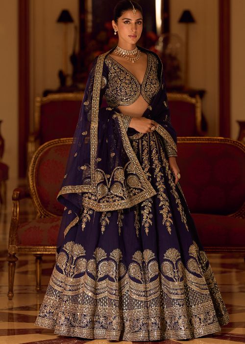 Navy Blue Silk Lehenga Choli With Heavy Zari Work