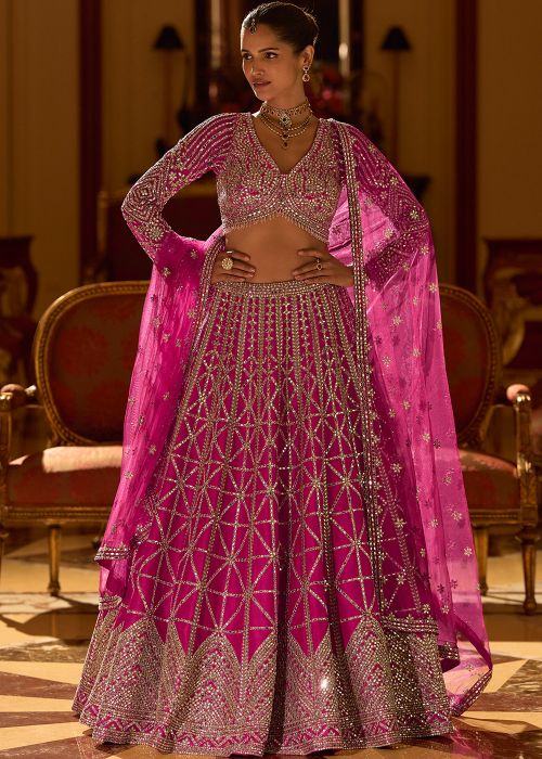 Pink Silk Lehenga Choli With Mirror Embroidery