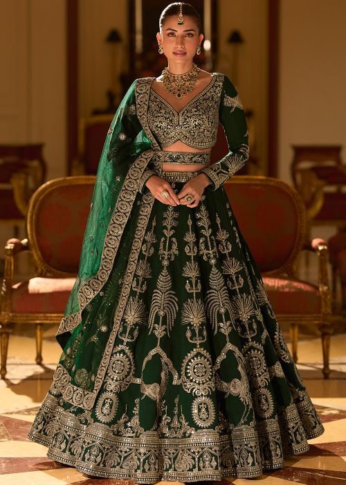 Dark Green Silk Lehenga Choli With Zari Embellishment