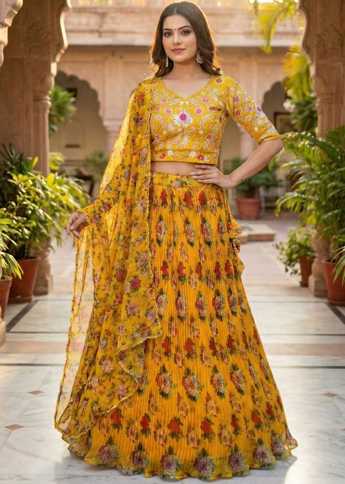 Yellow Organza Lehenga Choli With Floral Print