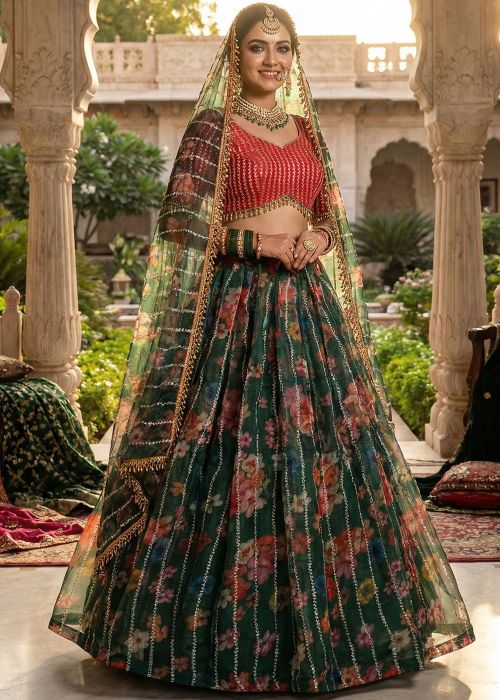 Green Floral Lehenga Choli With Red Silk Choli