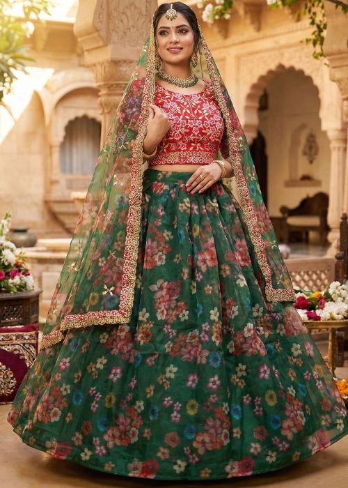 Green Printed Lehenga Choli With Resham Embroidery