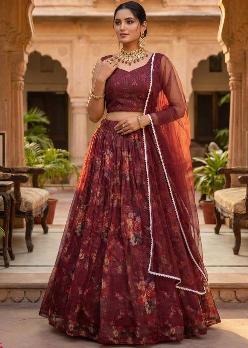 Maroon Organza Lehenga Choli With Floral Print