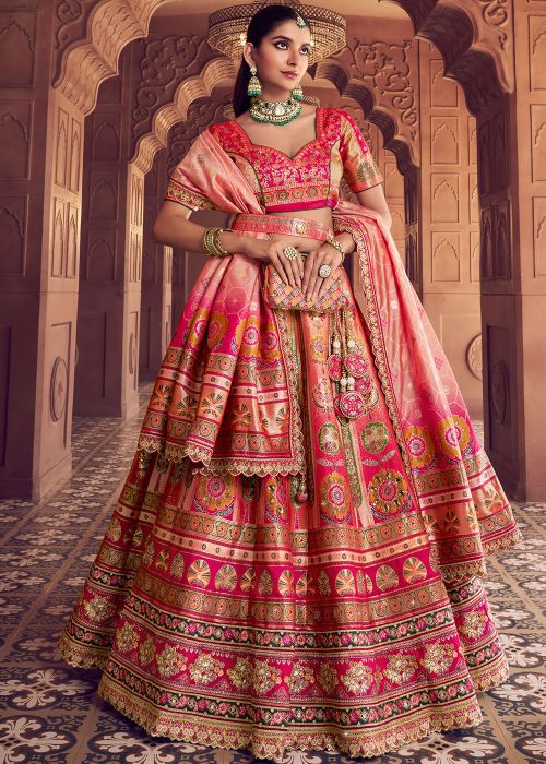 Peach Banarasi Silk Woven Bridal Lehenga Choli Set