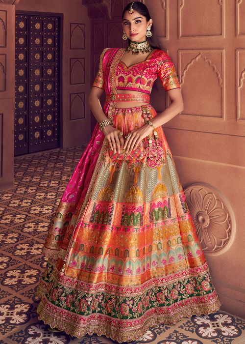 Multicolored Bridal Lehenga Choli With Woven Border