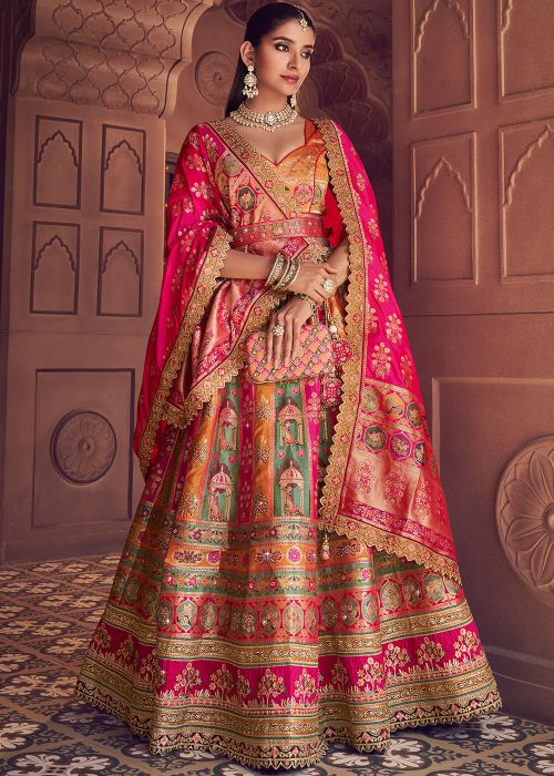 Multicolor Bridal Lehenga Choli With Zari Woven Motifs
