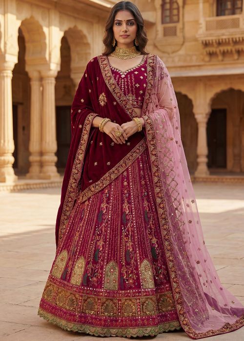 Deep Maroon Velvet Lehenga Choli With Heavy Embroidery