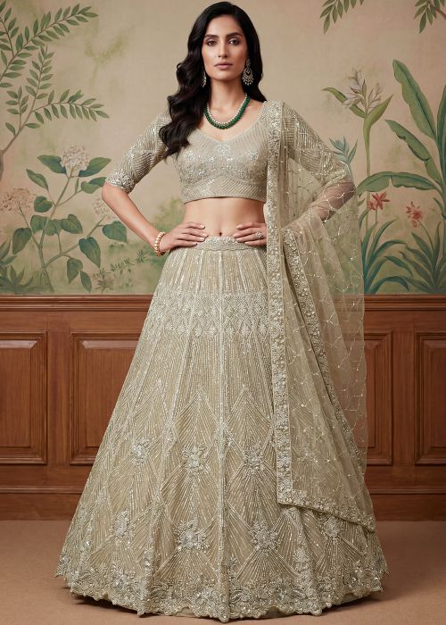 Beige Net Lehenga Choli With Sequins Work