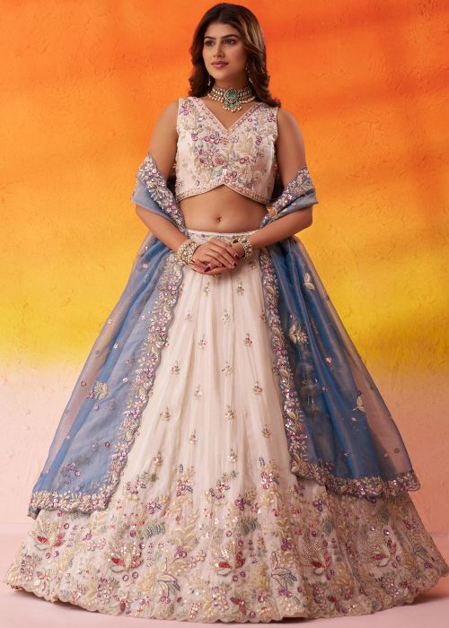 Cream Tissue Lehenga Choli With Pastel Floral Work