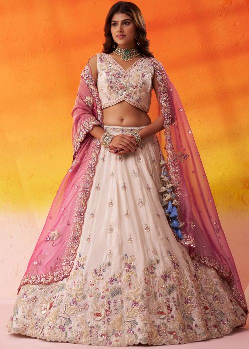 Cream Tissue Lehenga Choli With Dori Embroidery