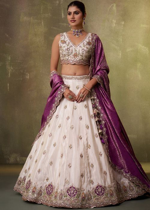 Cream Tissue Lehenga Choli With Banarasi Silk Dupatta
