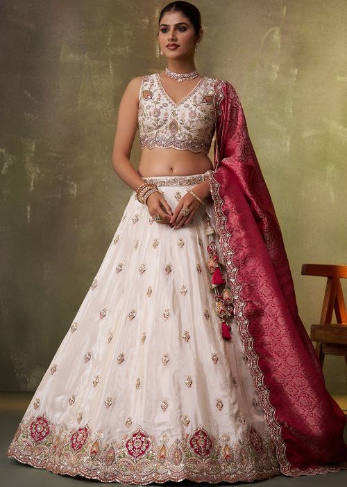 Cream Tissue Lehenga Choli With Woven Banarasi Dupatta