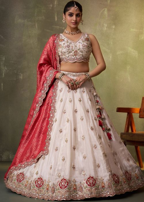 Cream Tissue Lehenga Choli With Dori Detailing