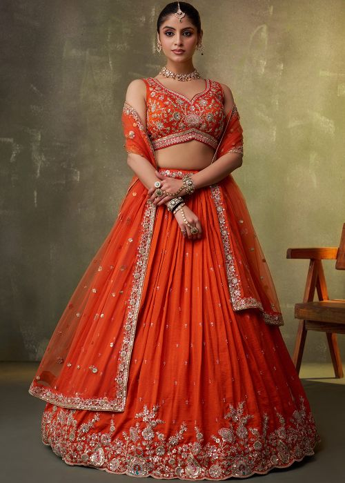 Orange Georgette Lehenga Choli With Dori Embroidery