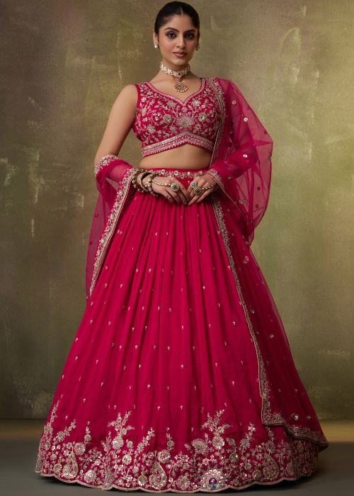 Red Georgette Lehenga Choli With Thread Embellishments