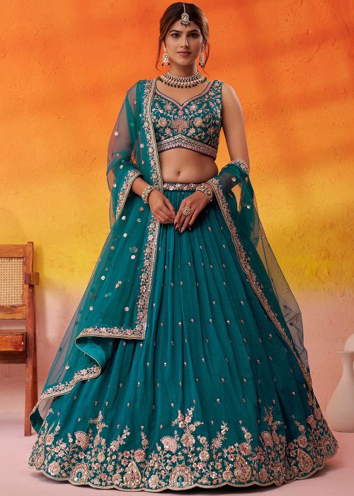 Teal Blue Georgette Lehenga Choli With Dori Detailing