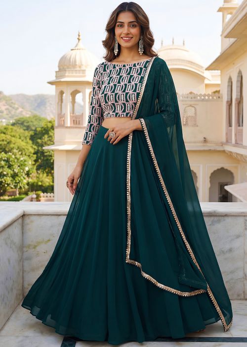 Emerald Green Georgette Lehenga Choli With Zari Detailing