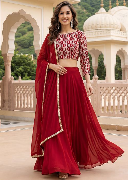 Red Georgette Lehenga Choli With Traditional Embroidery