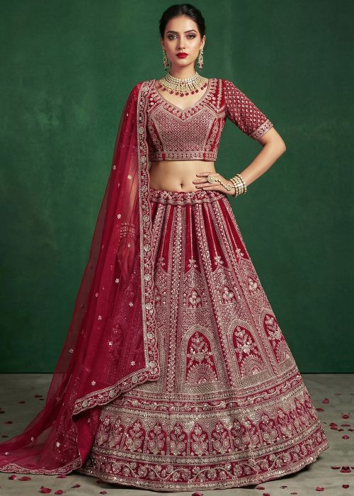 Maroon Satin Bridal Lehenga Choli With Handwork