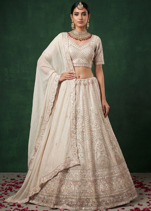 Beige Satin Lehenga Choli With Elegant Hand Embroidery