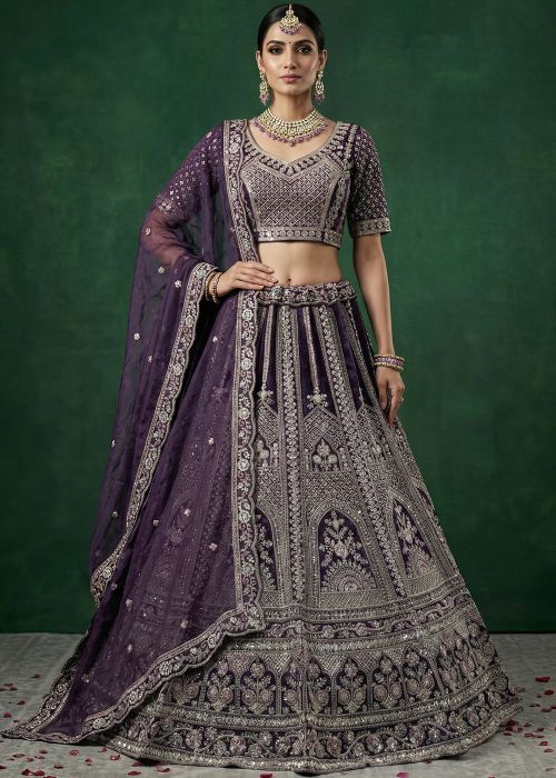 Purple Satin Lehenga Choli With Detailed Dori Work